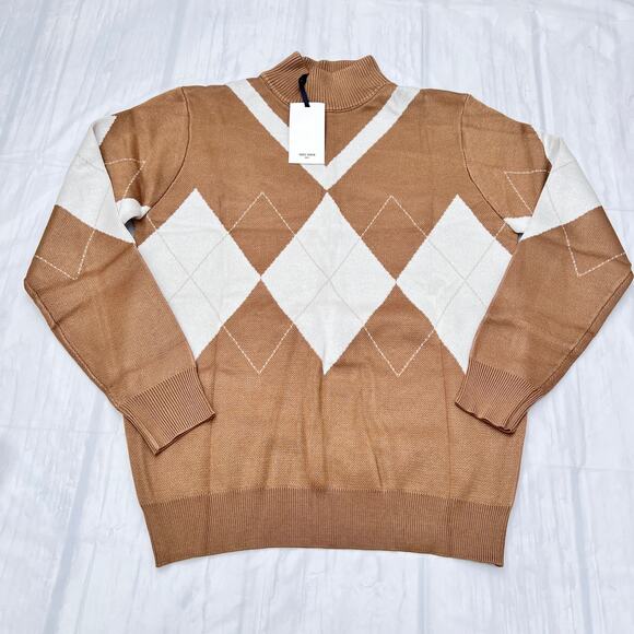 Grace Karin Men High Neck Sweater Long Sleeve Contrast Color Brown Sweater S - Picture 1 of 11